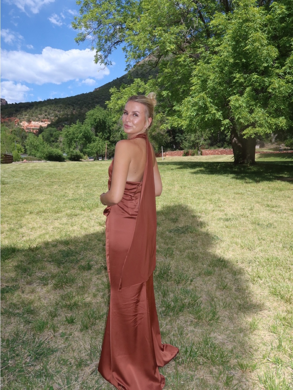 REVOLVE Rust Satin Halter-Back Gown